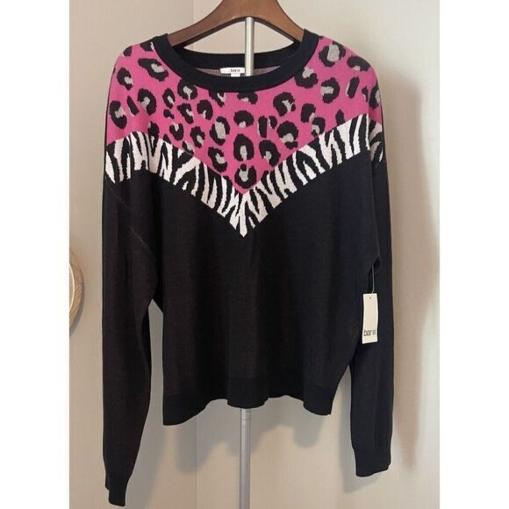 Bar III Women's Pink Black White Animal‎ Print Sweater Sz L Cotton Blend NWT